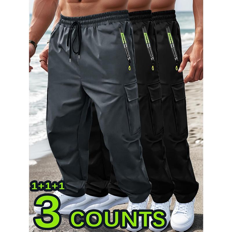 3pcs Men'S Casual Sports Cargo Pants - Drawstring Waist, Men's Sweatpants, Print Zip Pockets, Multiple Pockets, Lightweight for Spring & Summer, Ideal for Outdoor Running & Training, Casual Wear Pants | Cargo Style Pants | Lightweight Fabric