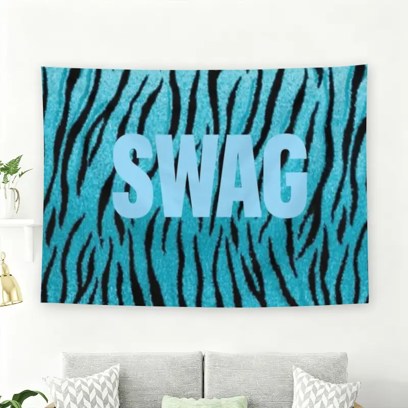 Light Blue SWAG Typography on Turquoise Zebra Print Background Wall Flag, Funky Y2K Tapestry Room Decor, Tapestry Wall Hanging