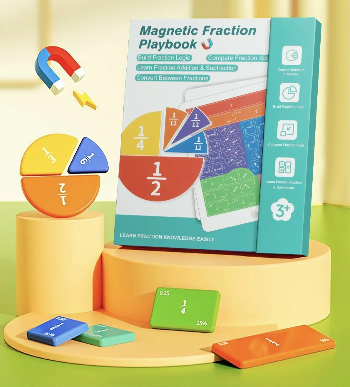 Magnetic Fraction Demonstration Book, Magnetic Fraction Puzzle – Visual Math Manipulatives with Tiles & Circles, Educational Toy for Kids, Montessori Homeschool Supplies and Interactive Math Teaching Aid for Preschool Learning