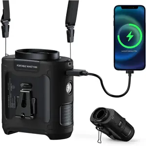 10000mah portable waist clip on fan neck desk handfree wearable belt personal cooling fan rechargeable with 5 speeds flashlight last for 40h for outdoor camping office travel black