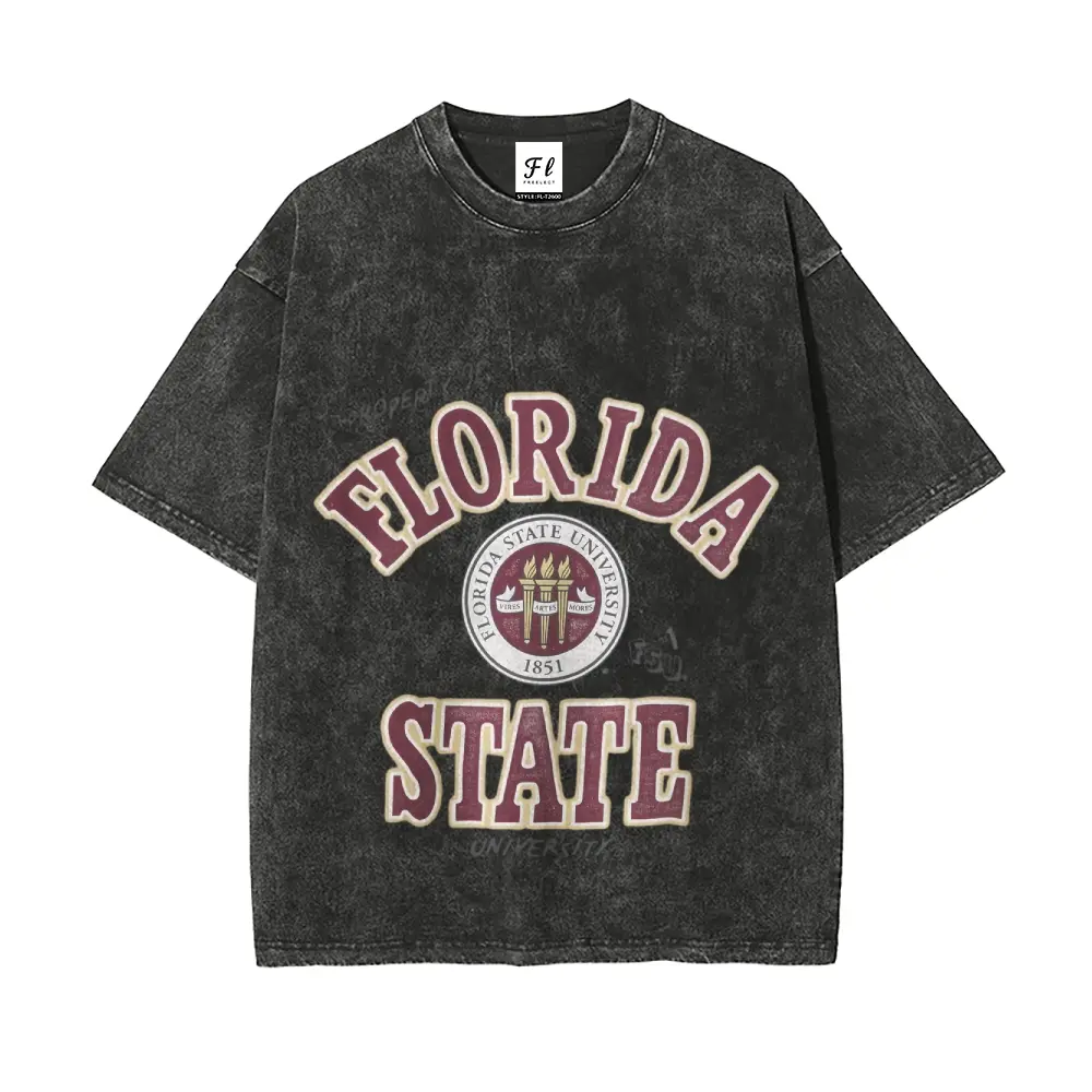 Vintage Washed Florida State Seminoles T-Shirt | Black Acid-Washed FSU Collegiate Graphic Tee | Retro Game Day Streetwear Casual Top