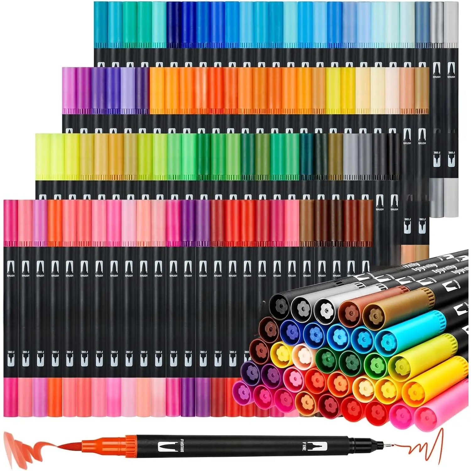 Colored Markers for Adult Coloring Books, Dual Tip Brush Pens with 100 Watercolor Fine Tip Markers and Brush pens for  Drawing Calligraphy