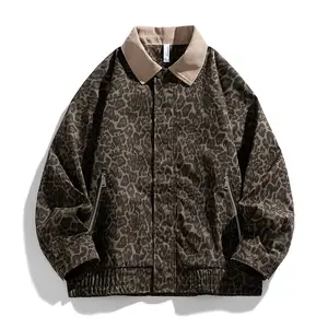 Men’s Fashion Sports Jacket, Vintage Leopard Print Long Sleeve coat zipper closure streetwear outfits, Y2K Style