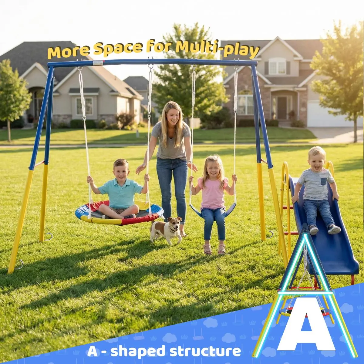 Swing Sets for Backyard with Kids Slide Outdoor Heavy-Duty Metal Playset 3 in 1 Swing Set with Slide