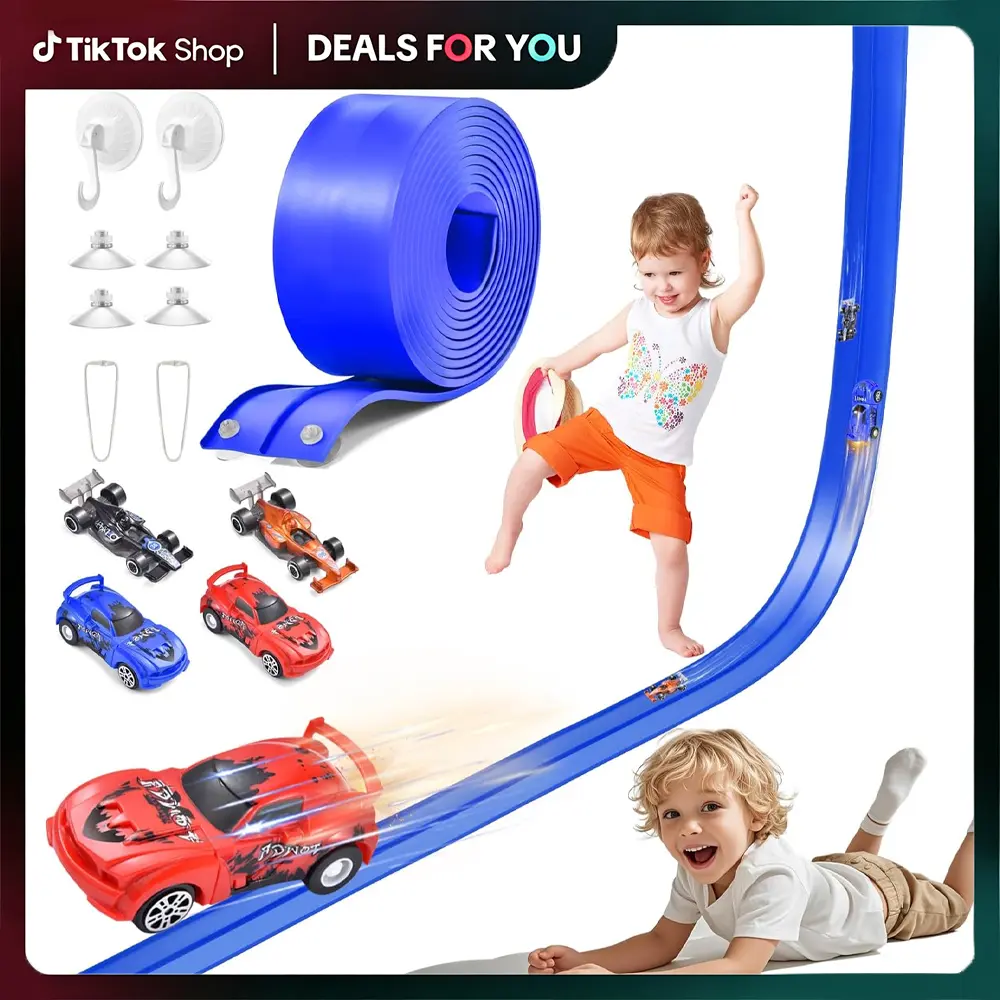 20FT Flexible Race Car Track for Kids Ages 3–8 | Bendable Ramp with 4 Mini Cars, Suction Cups & Hooks | Compatible with Hot Wheels 1:50 Diecast | Valentine’s Day Gift for Kids, Birthday & Christmas