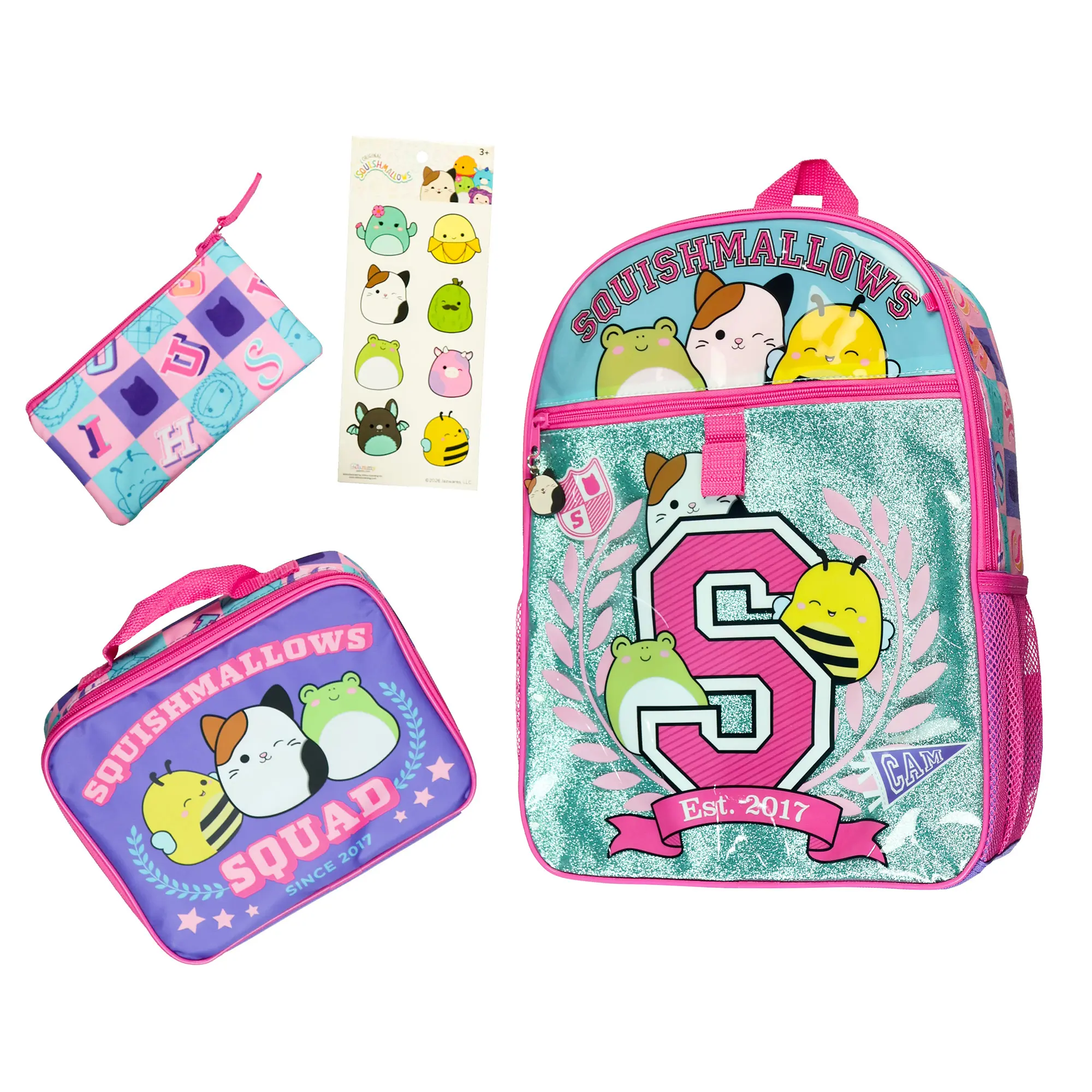 Squishmallows Backpack 16" Squad 5 Piece Set Bookbag with Detachable Insulated Lunch Box