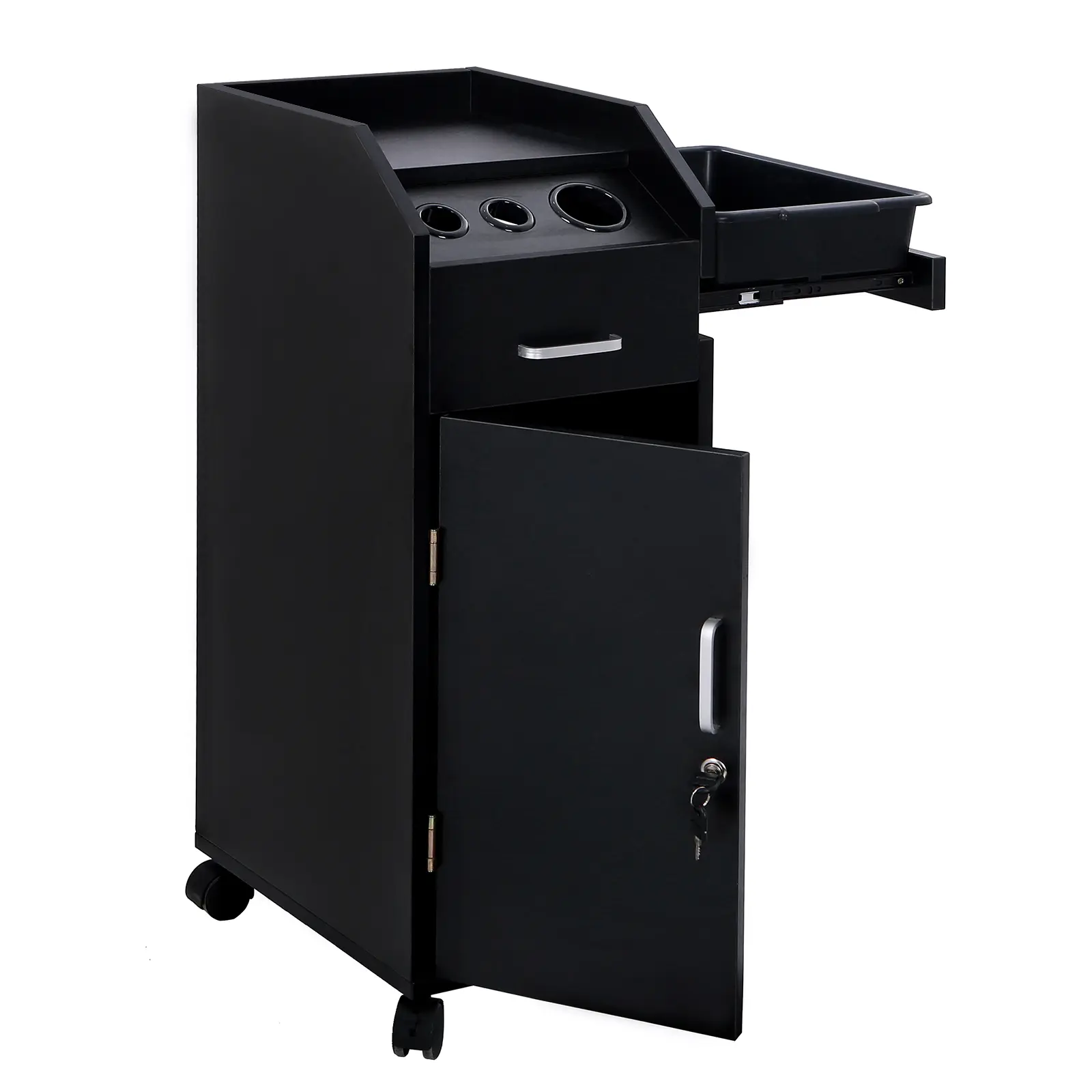 Rust-Resist Stainless Steel Large Commercial Mobile Cart - Sturdy Adjustable ABS Salon Furniture, 3 Dryer Holders, 4 Drawers, Lock Secure with 2 Keys, Organizer Pack, Salon Styling Tool Station