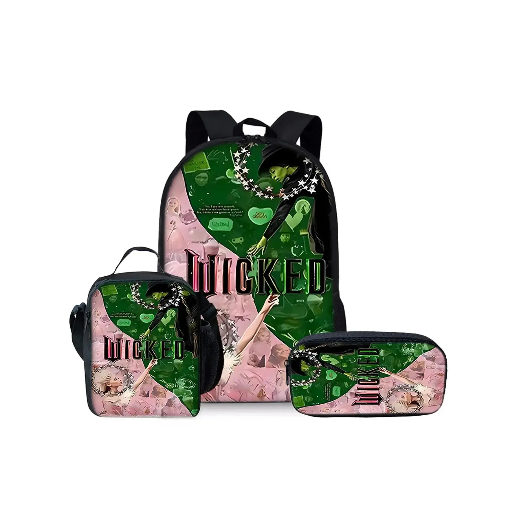 Wicked pattern printed  backpack School Backpacks three-piece set (single-layer backpack + shoulder strap lunch bag + single-layer pencil bag) Backpack For School