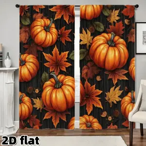 2D Flat 2Pcs Fall Pumpkin Maple Leaves Printed Curtains Rod Pocket Style Semi Sunshade Polyester Fabric Thermal Insulated Autumn Theme Drapes for Living Room Bedroom Kitchen Window Curtain Thanksgiving Decoration