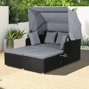 COSTWAY Outdoor Daybed, 2-Person Wicker Chaise Lounge with Retractable Canopy, Cushions & Pillows, 2 Side Trays, Patio Double Sofa PE Rattan Sunbed Lounger for Deck Poolside Garden Balcony