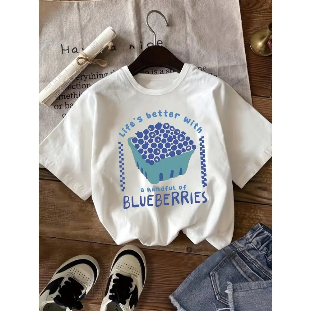 Blueberries Graphic Tee Life Is Better With A Handful Of Blueberries Cute Fruit Print Womens Oversized Short Sleeve Crewneck Casual Summer Outfit Soft Trendy Streetwear