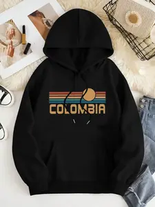 Women's Colombia Letter Print Drawstring Hoodie, Casual Long Sleeve Hooded Sweatshirt for Fall & Winter, Women's Clothes for Daily Wear