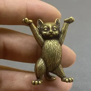 Antique Style Brass Cat Statue, Artistic Decorative Vintage Hand-Raised Cat Sculpture, Pen Holder Desk Ornament, Home Decoration, Room, 1 Piece