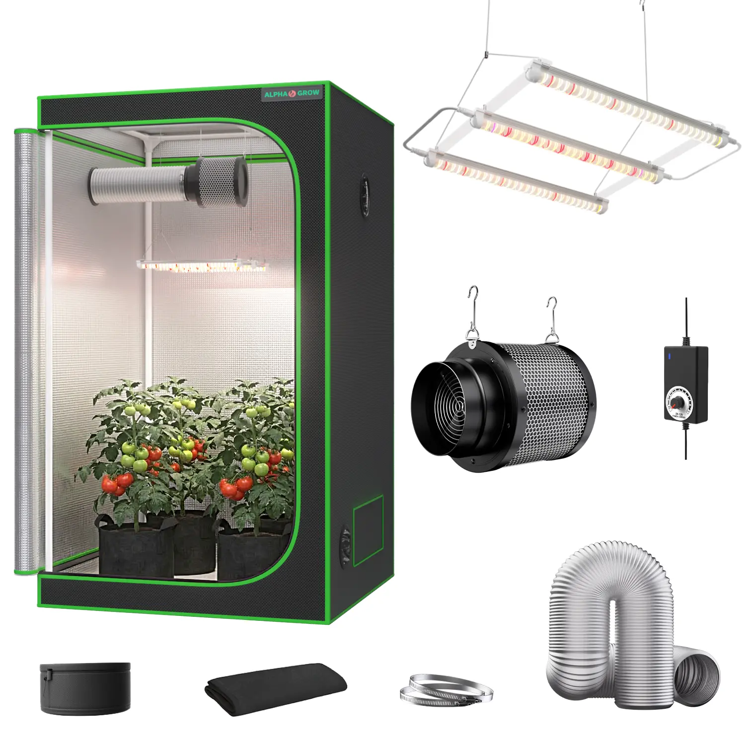 ALPHAGROW Reflective Indoor Grow Tent Kit Set, 33W Power ABA Full Spectrum LED Lights, 6-in-2-in-1 Carbon Filter Fan, 8FT Black/Silver Ducting, D-Door/Double-Door (Home Garden Plant Germination Supplies)