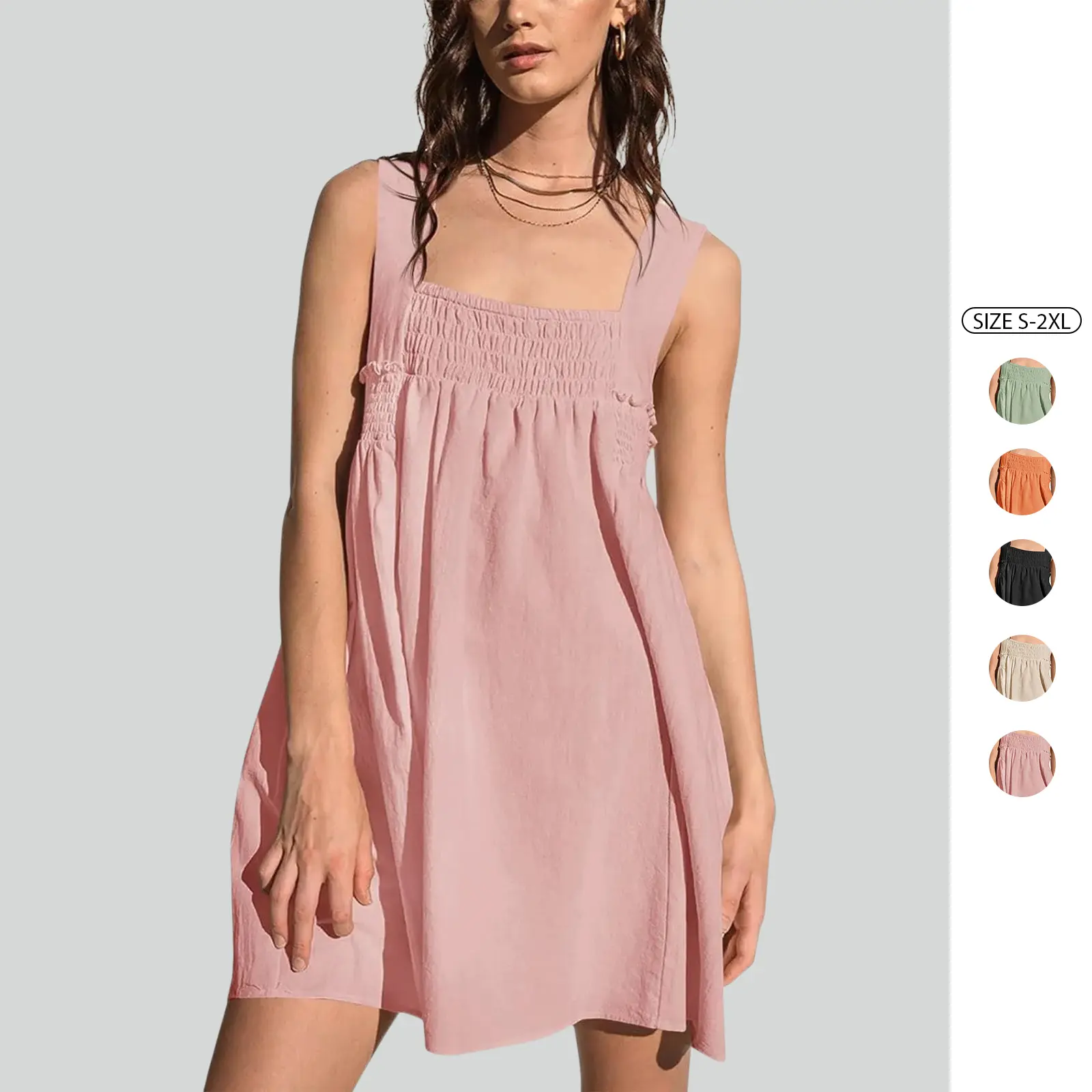 Imily Bela Women 's Summer Casual Sleeveless Mini Dress Square Neck Smocked Swing Loose Babydoll Dress