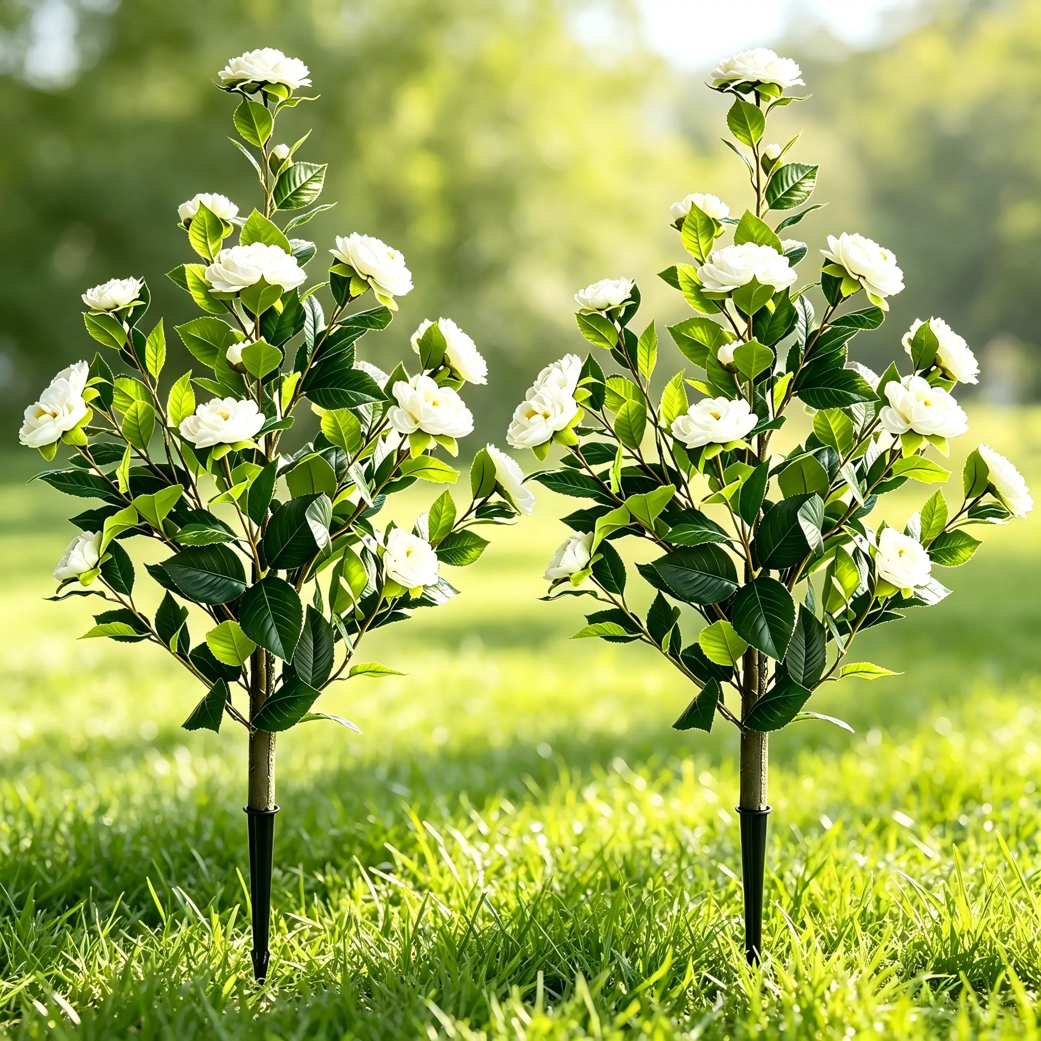 3ft Artificial Camellia Tree Ground Stakes 2-Piece Set, UV-Resistant, Fade-Resistant, Maintenance-Free Home Decor for Outdoor Gardens, Porches & Indoor Spaces