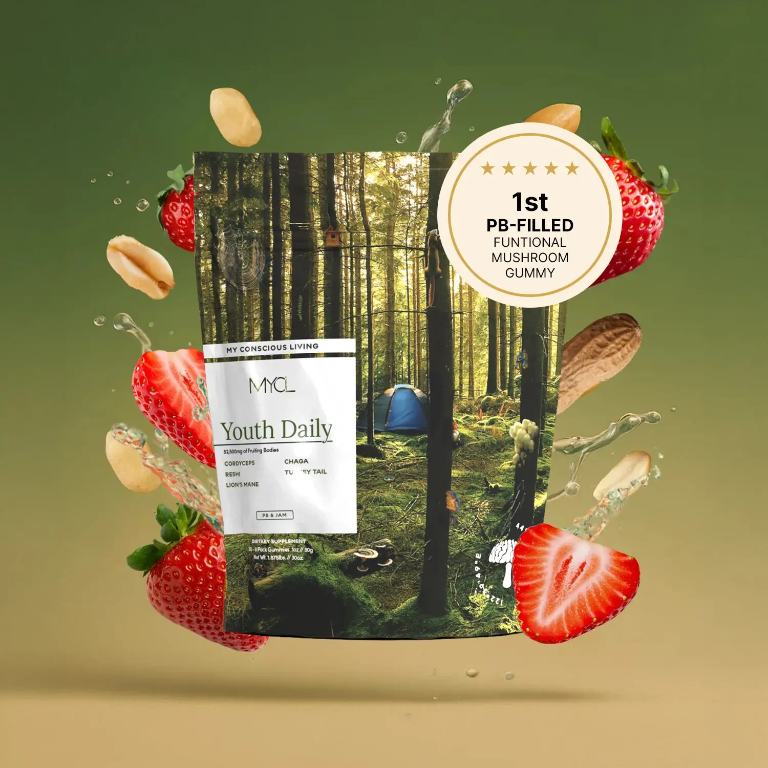 MYCL Youth Daily Functional Mushroom Gummies - 1750mg Lion's Mane Cordyceps Chaga Reishi Turkey Tail - PB & Jam Flavor - Nutrient-Rich Energy Focus Immune Health