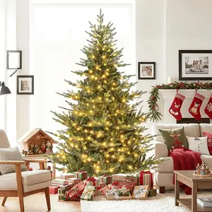 COSTWAY 6/7/8FT Pre-Lit Artificial Christmas Tree, Hinged Xmas Tree with PVC & PE Mixed Branch Tips, Warm White LED Lights, Foldable Metal Stand, Home Office Holiday Decoration