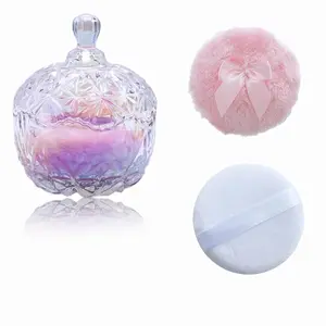 Body Powder Puff and Container, Dusting Glass Powder Container with Puff for Body and Face, Crystal Case and Soft Washable Reusable Velour Puff for Wet Dry Makeup(Crown,Glitter)
