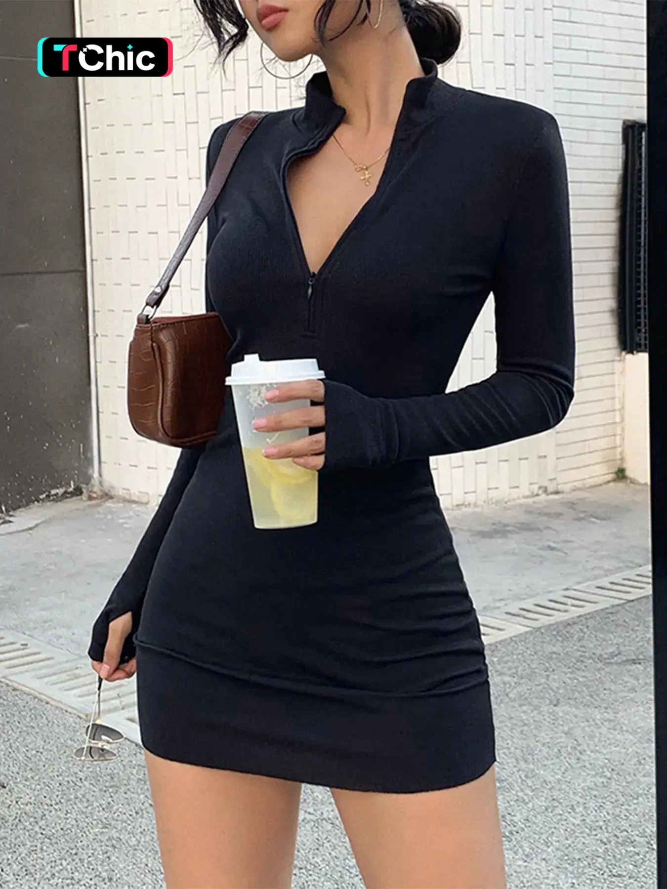 Women's Plain Stand Collar Zip Up Bodycon Dress, Casual Long Sleeve Zip Front Mini Dress for Spring & Fall, Dresses Summer, Women's Clothing