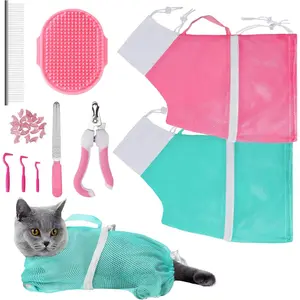 JULMELON Cat Washing Bag 10 PCS Set, Adjustable Cat Shower Net Bag and Pet Grooming Brush with Nail Clipper Nail File Hair Combs Tick Tool Nail Caps for Bathing Nail Trimming Examination(Pink+Green)