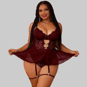 Shinyyep Plus Size Curvy Bodysuit Teddy Lingerie Sets Detachable Skirt Nightgown Sleepwear with Garter Cut Out Floral Lace Exotic Lingerie Soft Bodysuit