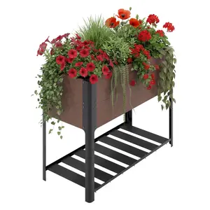 Garvee Elevated HDPE Raised Garden Bed with Wood Grain Look, Sturdy Black Aluminum Frame, Weather-Resistant Planter Box, Includes Storage Shelf, Easy Assembly, Low Maintenance