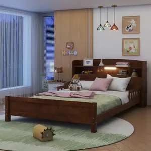 Full Size Bed Frame with LED Motion Sensor Light, Wood Bed with Storage Bookcase,Solid Wood Full Size Bed Frames for Bedroom,Walnut
