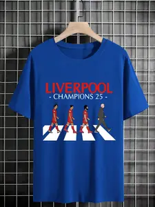 Men's Liverpool Champions 25 T-shirt, Casual Letter Print Short Sleeve Crew Neck T-shirt for Daily Wear, Trendy All-match & Exquisite Menswear for Birthday Gift, Top