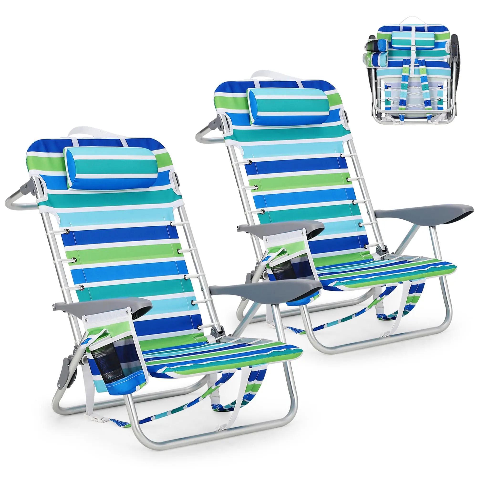2-Pack Backpack Beach Chairs with 5-Position Adjustable Reclining, 180° Lay Flat Folding Camping Chair Set with Headrest Pillow, 500lbs Capacity Heavy Duty Outdoor Lounge Chairs with Backpack Straps Storage Pouch for Tailing Fishing