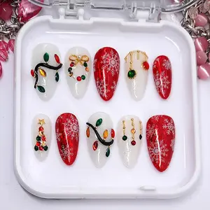[BUY 2 GET 1 FREE] Christmas Lights Press On Nails, Red and White Snowflake Design with 3D Ornaments, Festive Holiday Nail Art Set