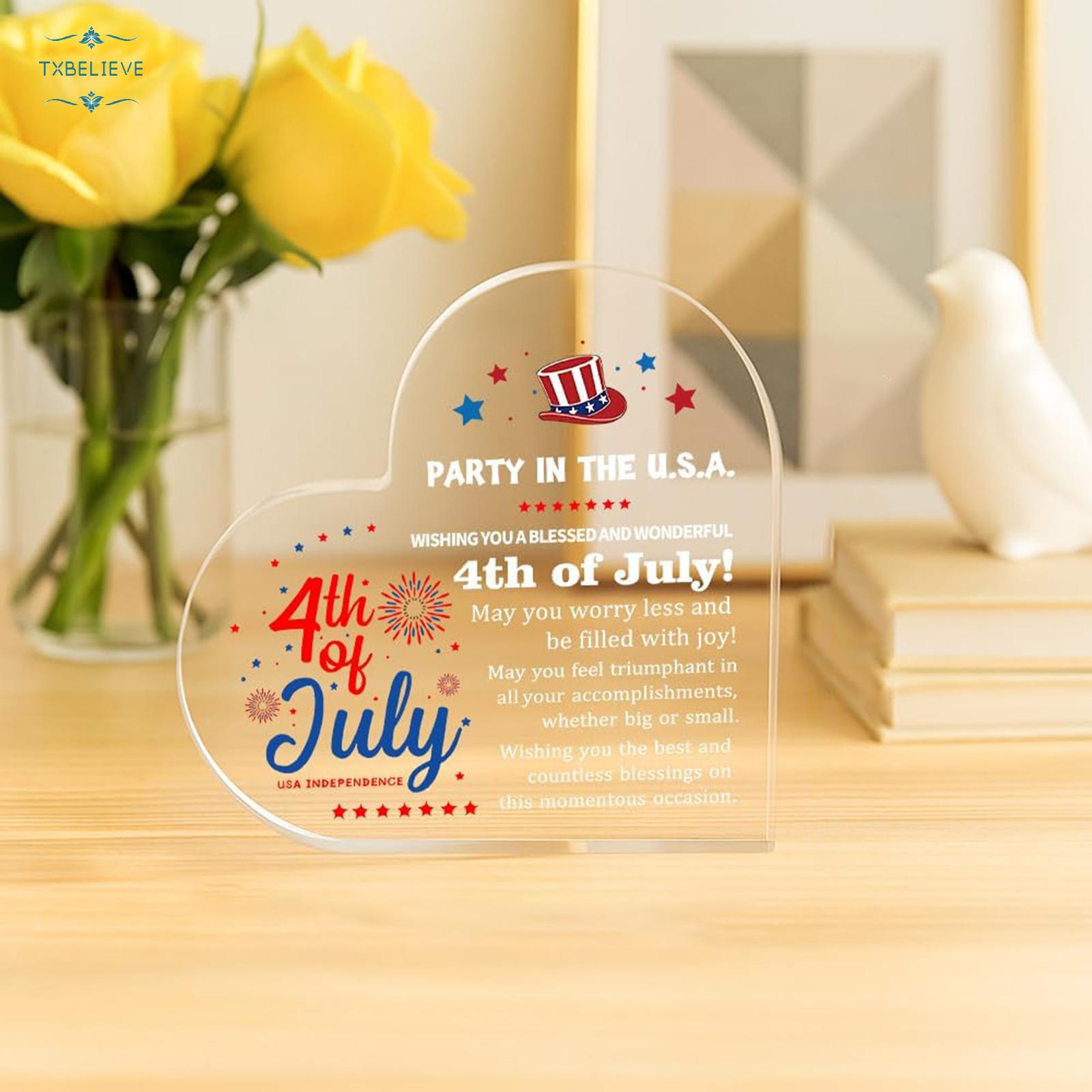 4th of July Gift Heart Shape Acrylic Ornament Block 3.9x3.9 inch for Women Patriotic Stars Stripes Home Desk Festive Glossy Finish