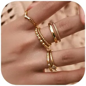 6PCS Stackable Gold Rings for Women Non Tarnish Trendy Dainty 14K Gold Filled Stacking Cubic Zirconia Thumb Ring Set Pack Statement Chunky Band Rings Promise Engagement Rings Size 6-10