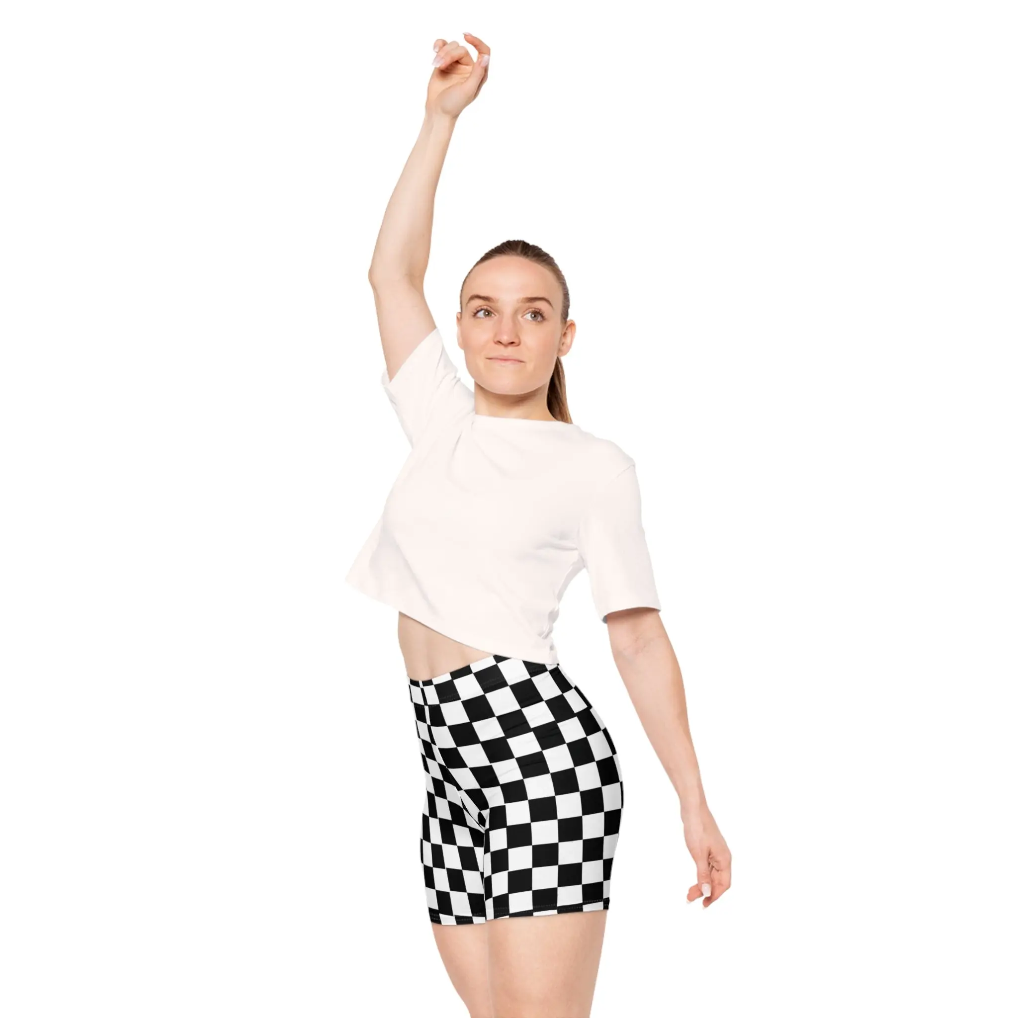 Checkerboard Biker Shorts — Black & White Retro Racing Print