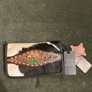 American Darling Genuine Leather Cowhide Wallet with Embroidered Cactus Design and Sun Motif