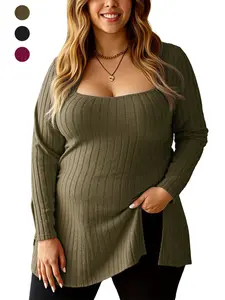 Plus Size Women's Casual Slim-Fit Knitted Top, Soft Elastic Lightweight Fabric, Square Neckline, Fall & Winter Fashion, Lightweight Knit Pullover