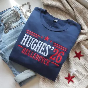 Hockey Fan Embroidered Sweatshirt, Hughes 26 Sports Crewneck, Hellebuyck Inspired Game Day Outfit, Cozy Navy Athletic Pullover