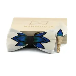 Columbus Flower Bomb Feather Bow Tie & Lapel Pin Set, Mandujour Handmade