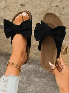 Women's Bowknot Design Flat Sandals, Fashionable Slide Sandals, Flat Slides, Casual Soft Comfortable Home Slippers, Non-slip Slippers for Indoor & Outdoor Wear, Walking Shoes, Stylish Footwear