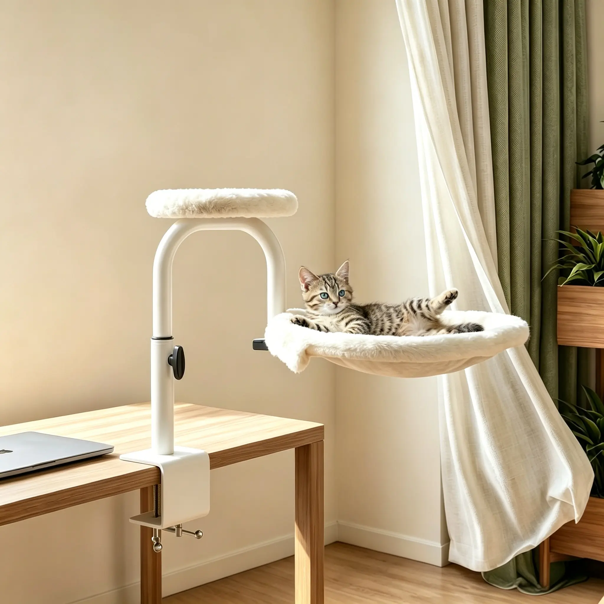 Cat Desk Bed, 360° Rotating & Adjustable Cat Bed for Desk , Supports 60 lbs, Dual Clamps & Sunken Design, Comfy Cats Hammock with Faux Rabbit Fur Cover for Home Office fluffy cozy