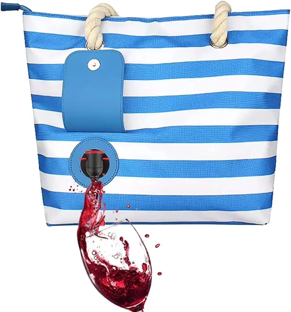 Beach Wine Tote Bag, Wine Cooler Bag Leakproof Insulated Purse Carrier with Spout Hidden Compartments, Holds 2 bottles of Wine for Travel