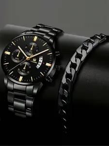 Men's Business Fashion Round Dial Analog Quartz Watch with Date and Bracelet Set, without Box, Fashion Watch Set for Party, Trendy All-match & Exquisite Watch for Birthday Gift, Modern Fashionable Wristwatch, National Day Offers