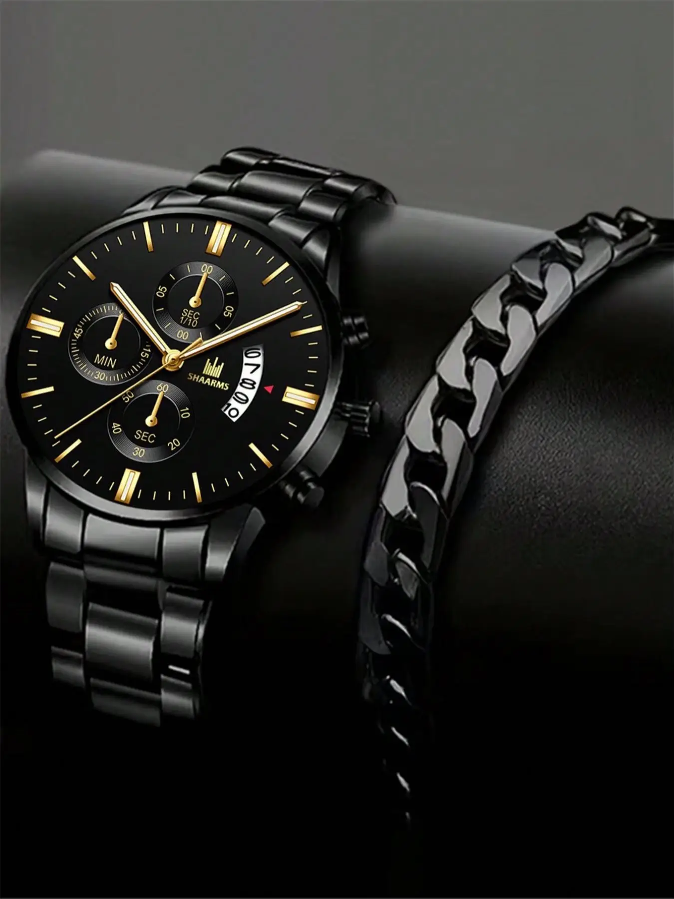 Men's Luxury Business Fashion Round Dial Analog Quartz Watch with Date and Bracelet Set, without Box, Fashion Watch Set for Gift, Trendy All-match &