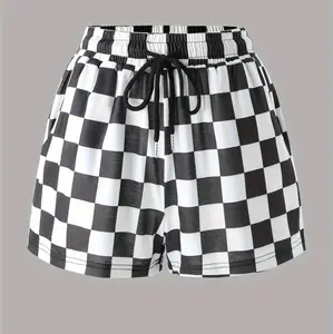 Womans checkered board drawstring waist shorts. Casual pockey shorts for summer, womens bottoms for daily wear