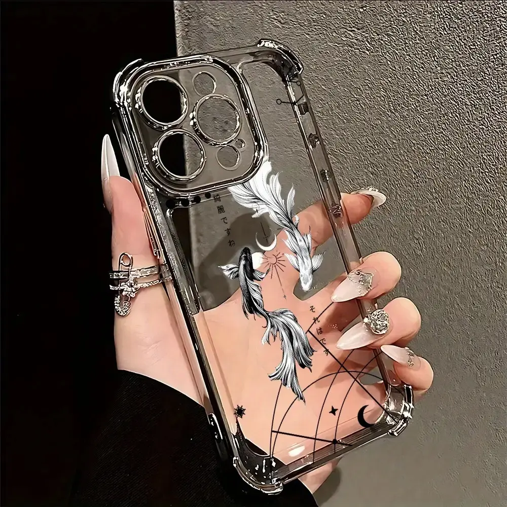 Simple Art Yin Yang Koi Casing - Shockproof TPU Transparent Soft Cover, Phone Accessories for iPhone 16,15,14,13,12,11 Pro Max,X,XR,XS Max,8,7 Plus