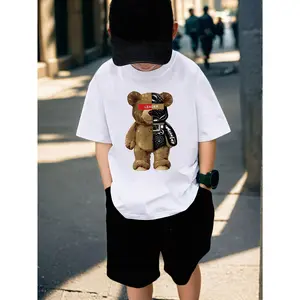 Boys' "Machine Bear" Printed 100% Cotton Summer T-shirt - Breathable Elastic Round Neck Top with Geometric Pattern Design for Youth, Suitable for All Seasons