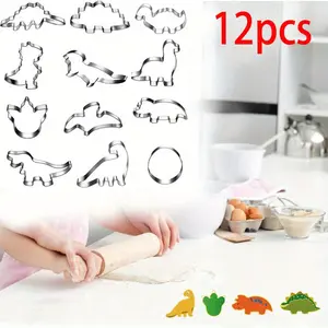 12pcs set Dinosaur Cookie Cutters Set Small Size Stainless Steel Shaped for Kids Birthday Party Supplies,Footprint,Dinosaur Eggs,different dinosaur shapes