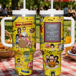 Bob’s Burgers 40 Oz Tumbler With Handle, Cartoon Family Tumbler, Custom Burger Menu Stainless Steel Tumbler, Funny Animation Gift