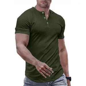Men's Muscle Slim Henley Shirts Crewneck Longline T-Shirt Gym Workout Athletic Shirt Tees with Button