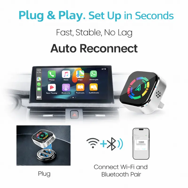 2026 New Wireless carplay Adapter for iPhone/Android  – Plug & Play, Fast Auto-Reconnect No Delay, Hands-Free
